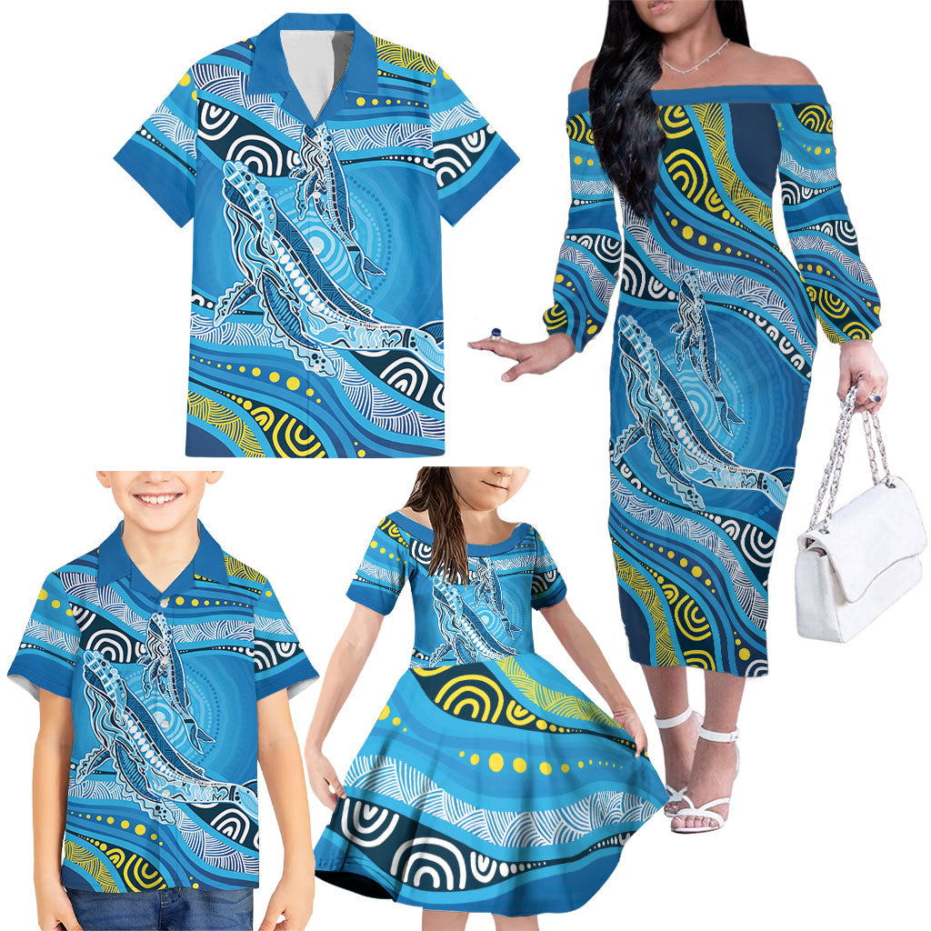 Aboriginal Ocean Whale Family Matching Off The Shoulder Long Sleeve Dress and Hawaiian Shirt Dot Art Dreamtime Style