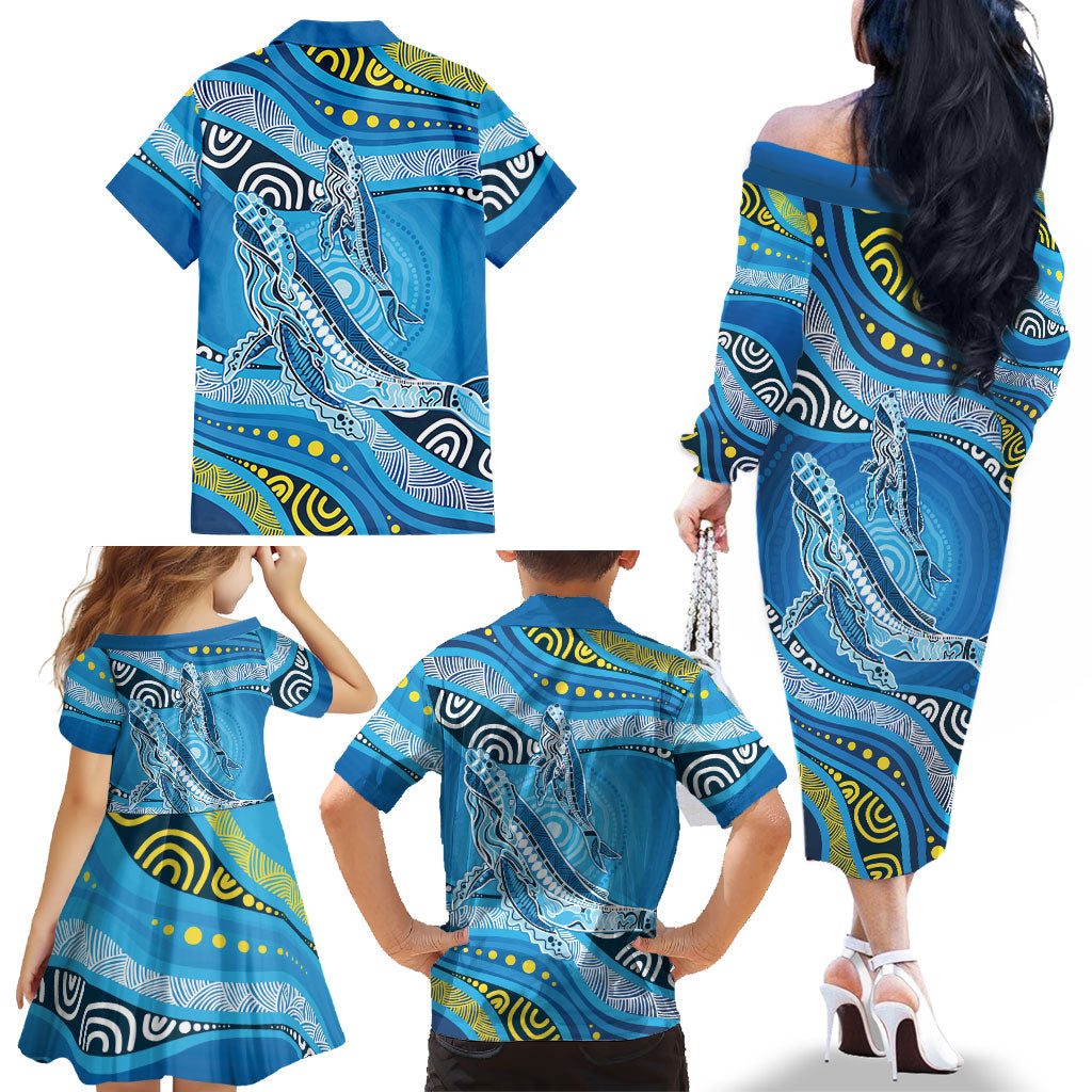 Aboriginal Ocean Whale Family Matching Off The Shoulder Long Sleeve Dress and Hawaiian Shirt Dot Art Dreamtime Style