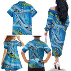 Aboriginal Ocean Whale Family Matching Off The Shoulder Long Sleeve Dress and Hawaiian Shirt Dot Art Dreamtime Style