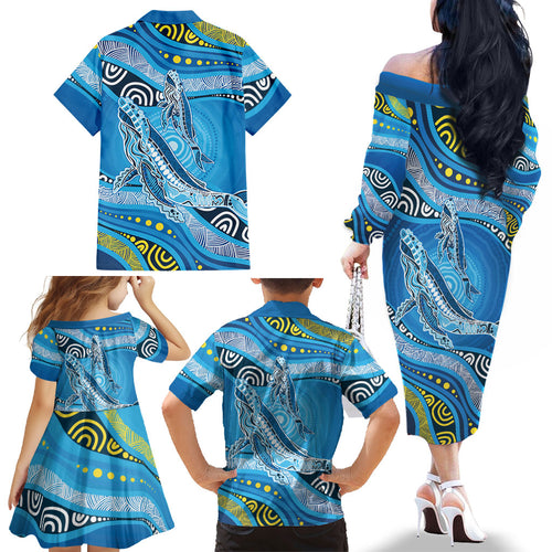 Aboriginal Ocean Whale Family Matching Off The Shoulder Long Sleeve Dress and Hawaiian Shirt Dot Art Dreamtime Style