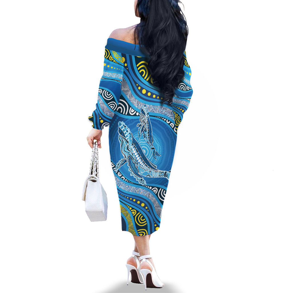 Aboriginal Ocean Whale Family Matching Off The Shoulder Long Sleeve Dress and Hawaiian Shirt Dot Art Dreamtime Style