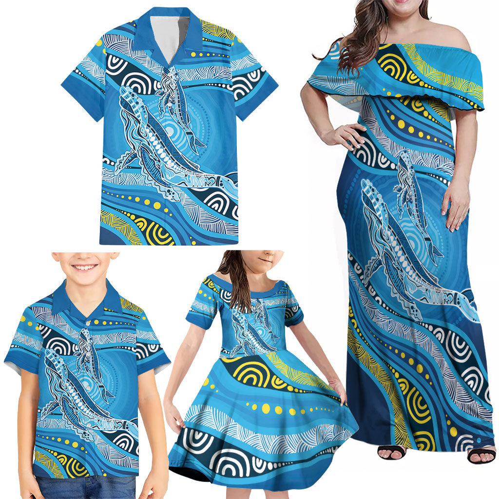 Aboriginal Ocean Whale Family Matching Off Shoulder Maxi Dress and Hawaiian Shirt Dot Art Dreamtime Style