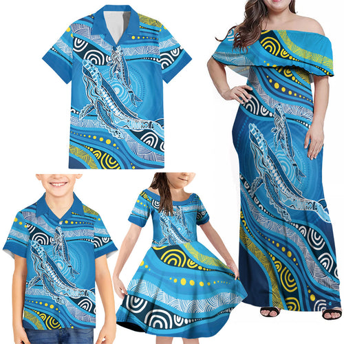 Aboriginal Ocean Whale Family Matching Off Shoulder Maxi Dress and Hawaiian Shirt Dot Art Dreamtime Style