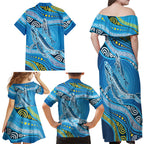 Aboriginal Ocean Whale Family Matching Off Shoulder Maxi Dress and Hawaiian Shirt Dot Art Dreamtime Style