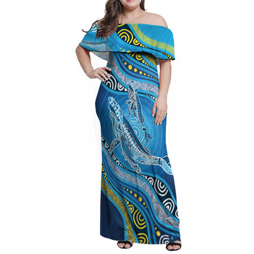 Aboriginal Ocean Whale Family Matching Off Shoulder Maxi Dress and Hawaiian Shirt Dot Art Dreamtime Style