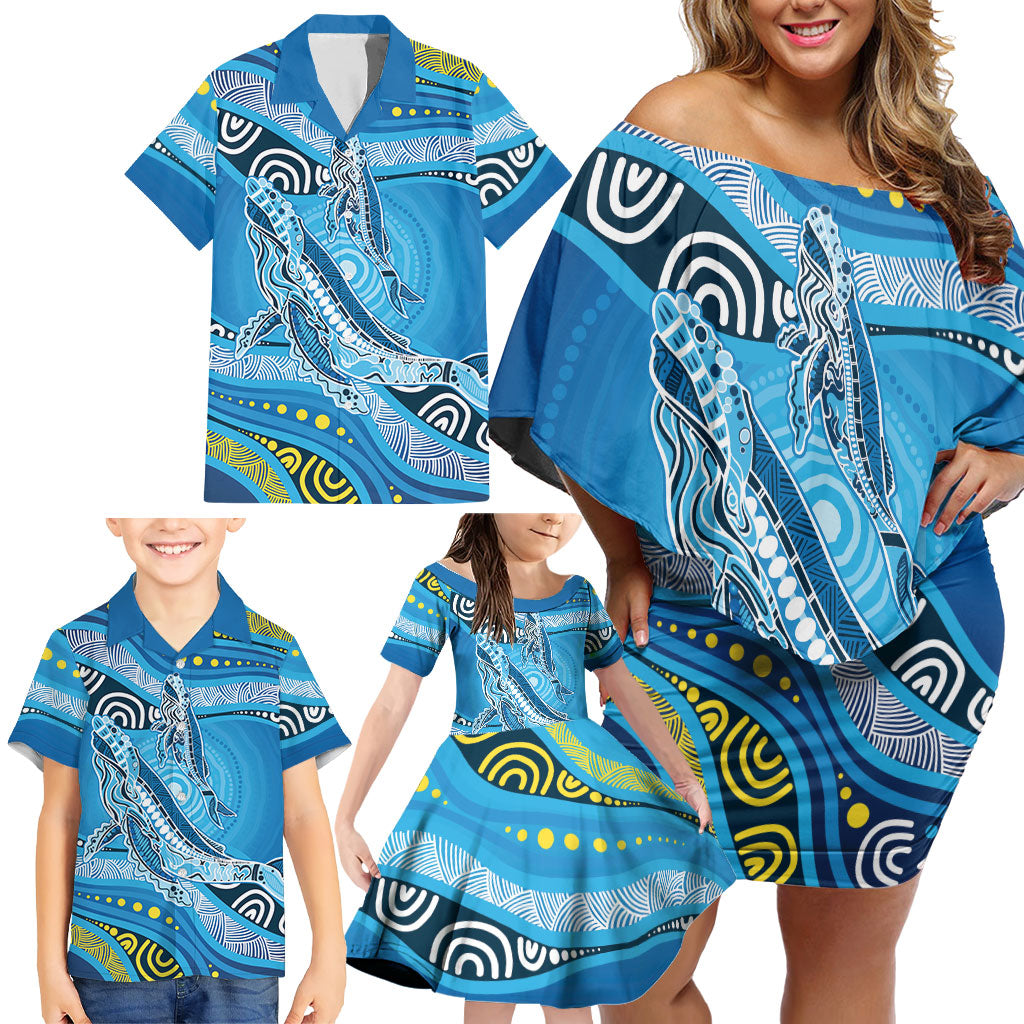 Aboriginal Ocean Whale Family Matching Off Shoulder Short Dress and Hawaiian Shirt Dot Art Dreamtime Style