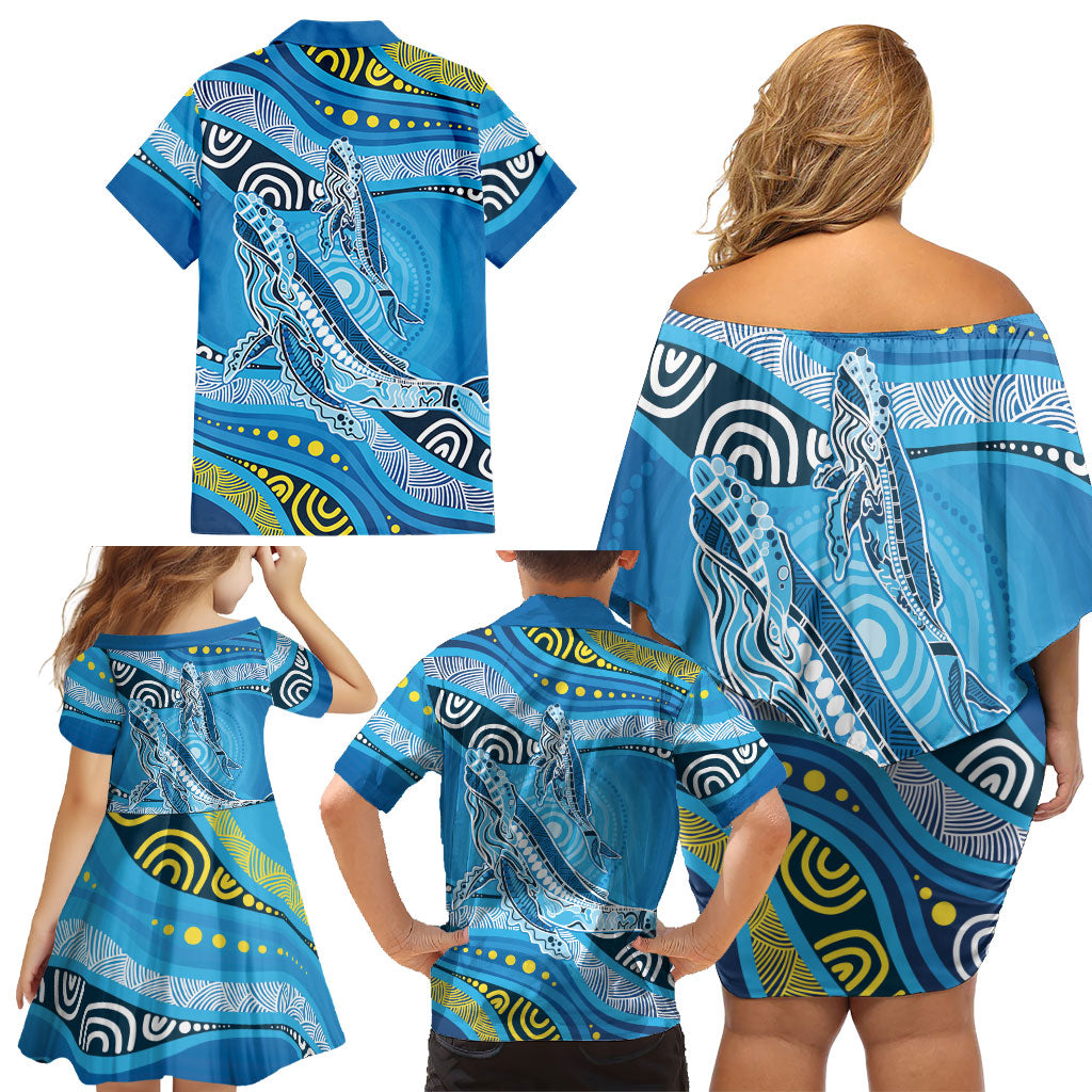 Aboriginal Ocean Whale Family Matching Off Shoulder Short Dress and Hawaiian Shirt Dot Art Dreamtime Style