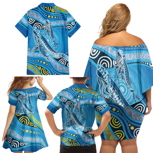 Aboriginal Ocean Whale Family Matching Off Shoulder Short Dress and Hawaiian Shirt Dot Art Dreamtime Style