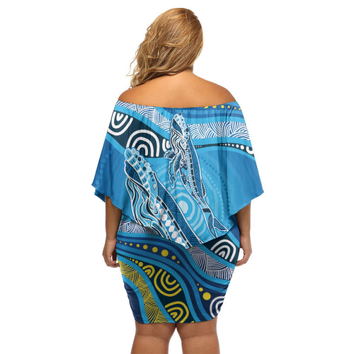 Aboriginal Ocean Whale Family Matching Off Shoulder Short Dress and Hawaiian Shirt Dot Art Dreamtime Style