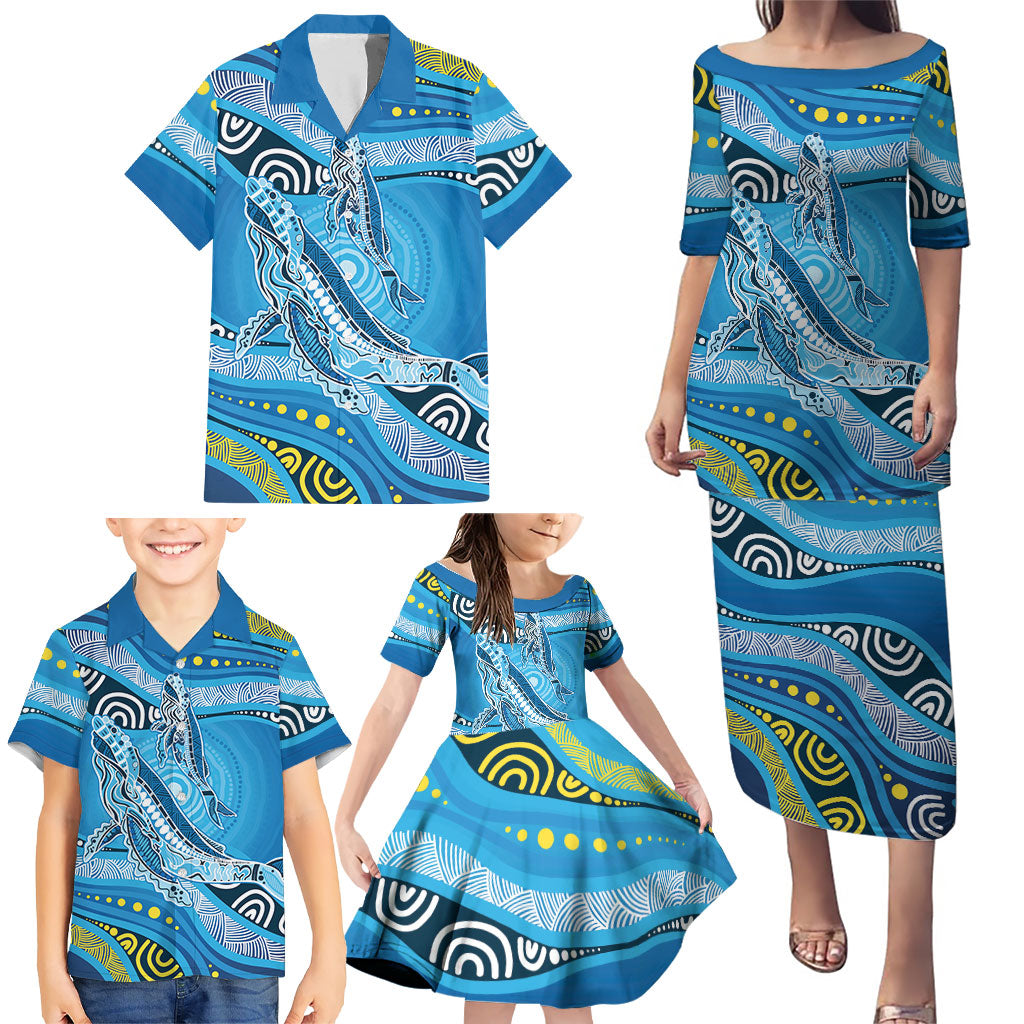 Aboriginal Ocean Whale Family Matching Puletasi and Hawaiian Shirt Dot Art Dreamtime Style