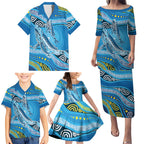 Aboriginal Ocean Whale Family Matching Puletasi and Hawaiian Shirt Dot Art Dreamtime Style