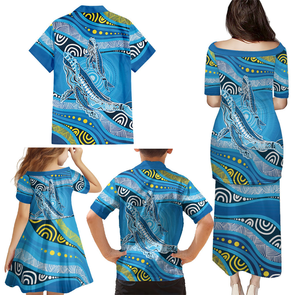 Aboriginal Ocean Whale Family Matching Puletasi and Hawaiian Shirt Dot Art Dreamtime Style
