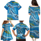 Aboriginal Ocean Whale Family Matching Puletasi and Hawaiian Shirt Dot Art Dreamtime Style