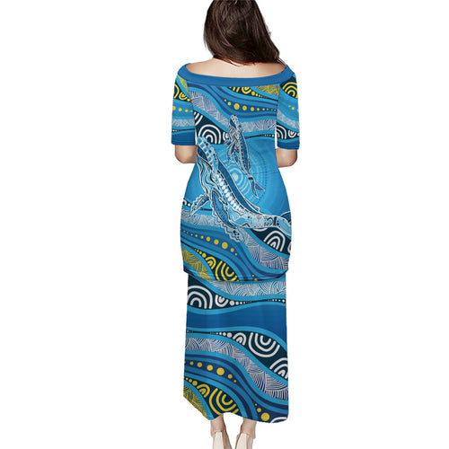 Aboriginal Ocean Whale Family Matching Puletasi and Hawaiian Shirt Dot Art Dreamtime Style