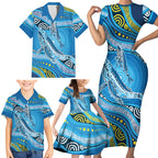 Aboriginal Ocean Whale Family Matching Short Sleeve Bodycon Dress and Hawaiian Shirt Dot Art Dreamtime Style