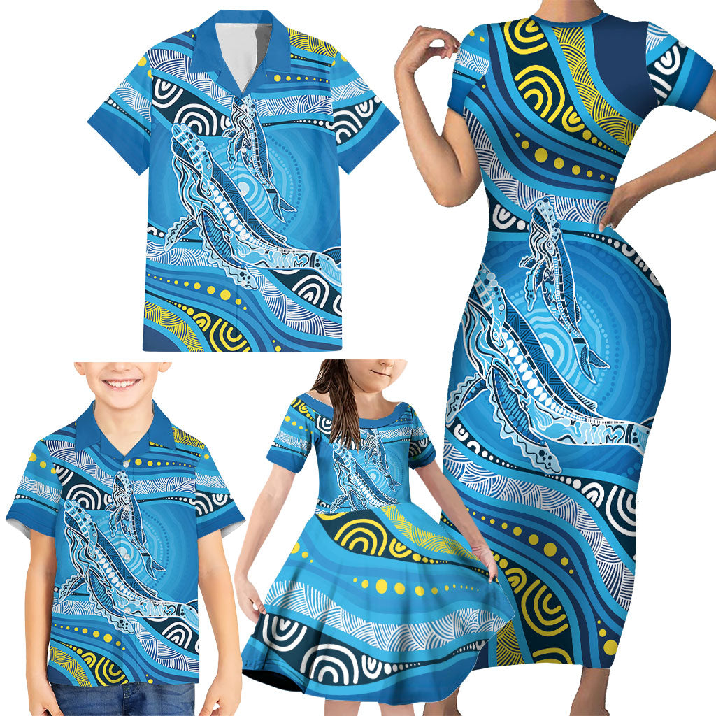 Aboriginal Ocean Whale Family Matching Short Sleeve Bodycon Dress and Hawaiian Shirt Dot Art Dreamtime Style