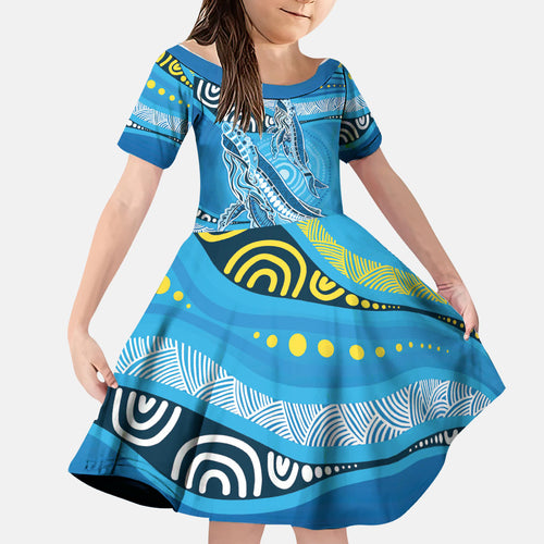 Aboriginal Ocean Whale Family Matching Short Sleeve Bodycon Dress and Hawaiian Shirt Dot Art Dreamtime Style