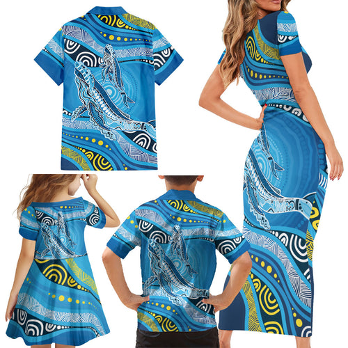 Aboriginal Ocean Whale Family Matching Short Sleeve Bodycon Dress and Hawaiian Shirt Dot Art Dreamtime Style