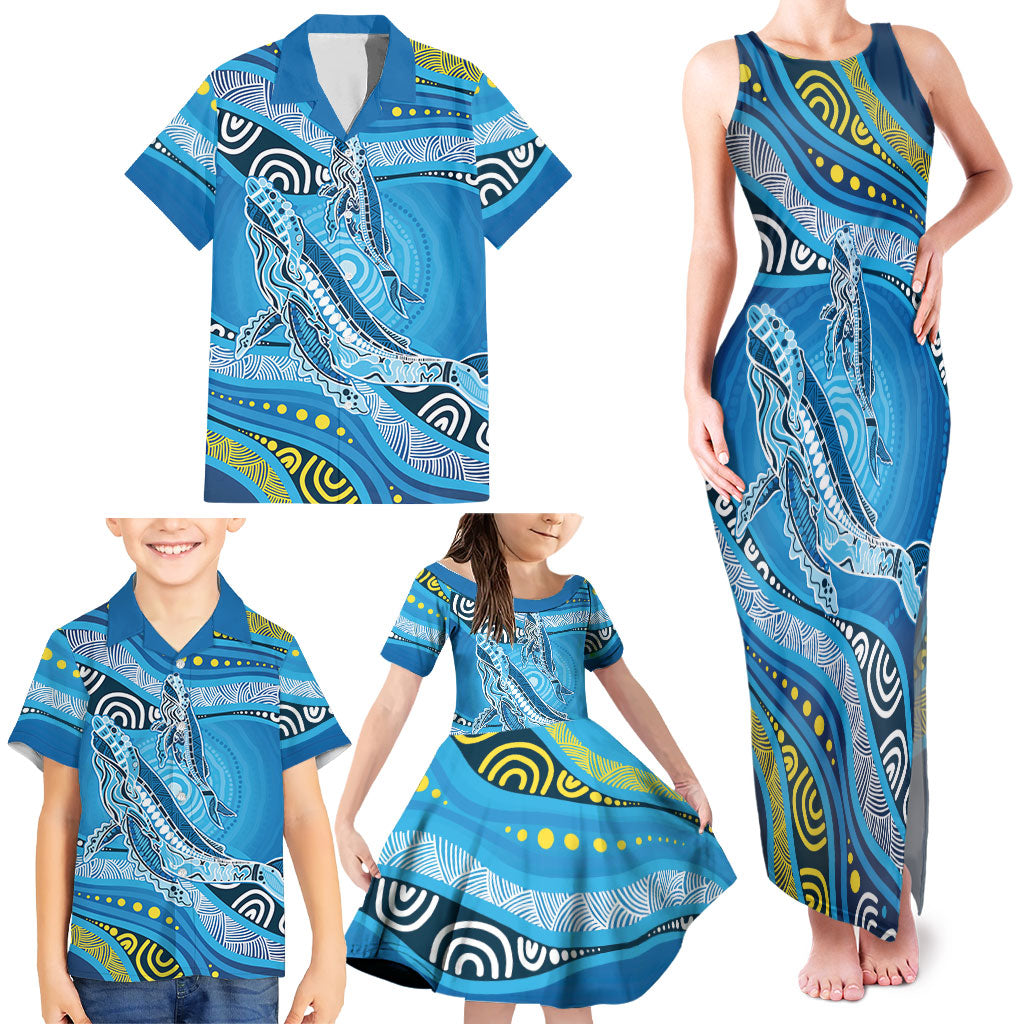 Aboriginal Ocean Whale Family Matching Tank Maxi Dress and Hawaiian Shirt Dot Art Dreamtime Style