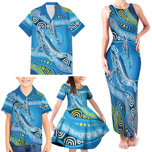 Aboriginal Ocean Whale Family Matching Tank Maxi Dress and Hawaiian Shirt Dot Art Dreamtime Style