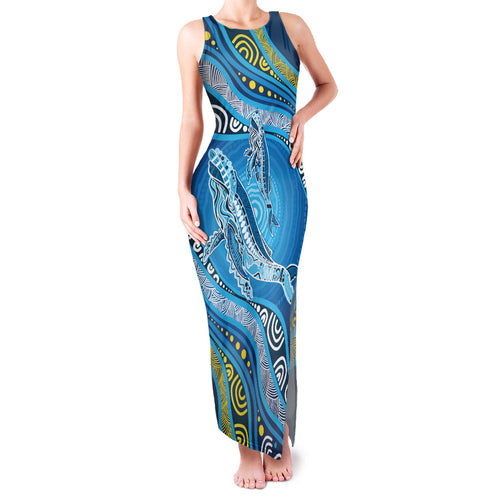 Aboriginal Ocean Whale Family Matching Tank Maxi Dress and Hawaiian Shirt Dot Art Dreamtime Style