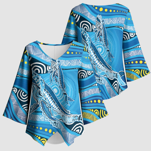 Aboriginal Ocean Whale Kimono Sleeve Blouse Dot Art Dreamtime Style