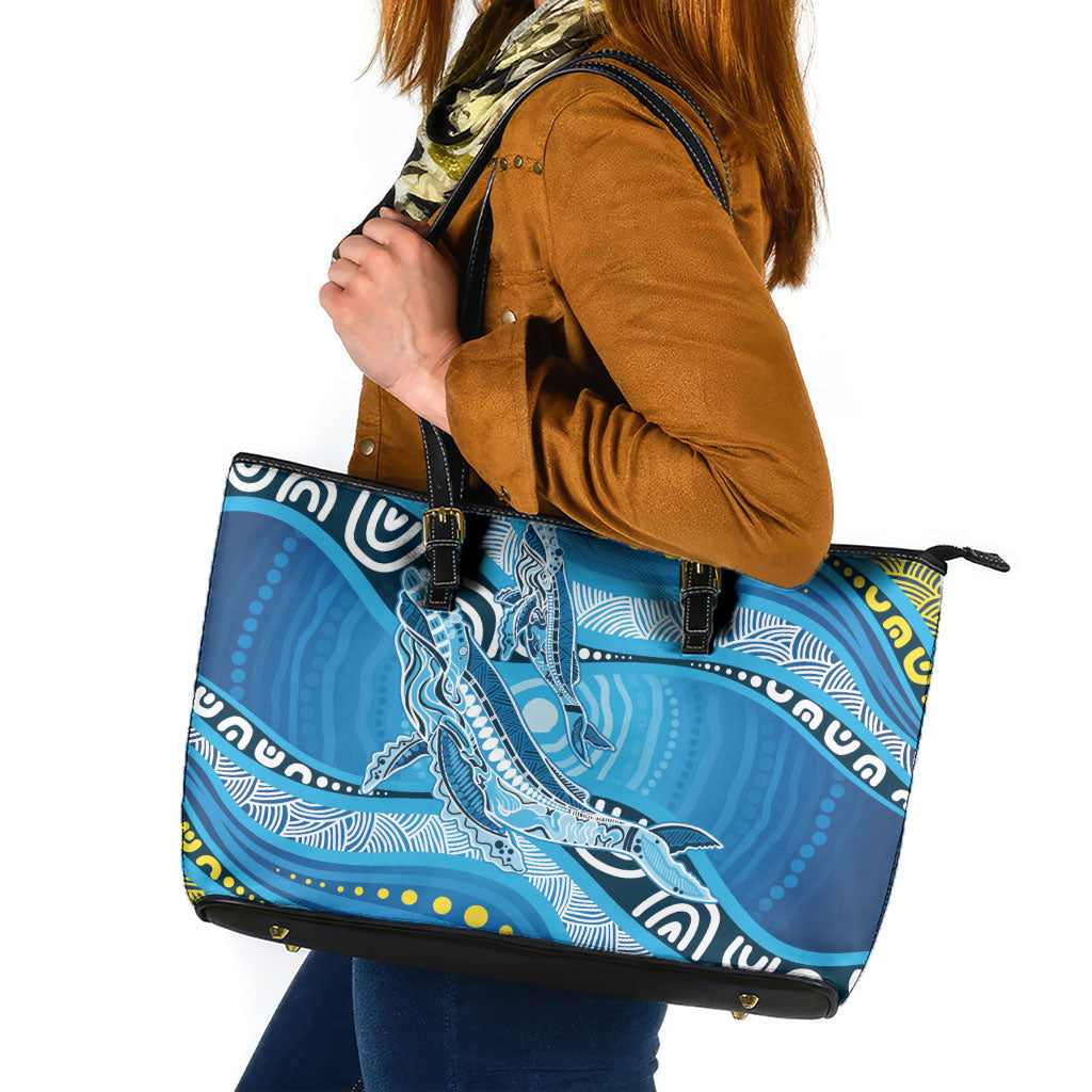 Aboriginal Ocean Whale Leather Tote Bag Dot Art Dreamtime Style