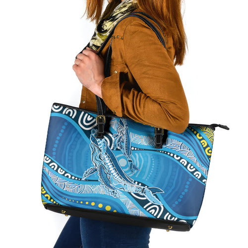 Aboriginal Ocean Whale Leather Tote Bag Dot Art Dreamtime Style