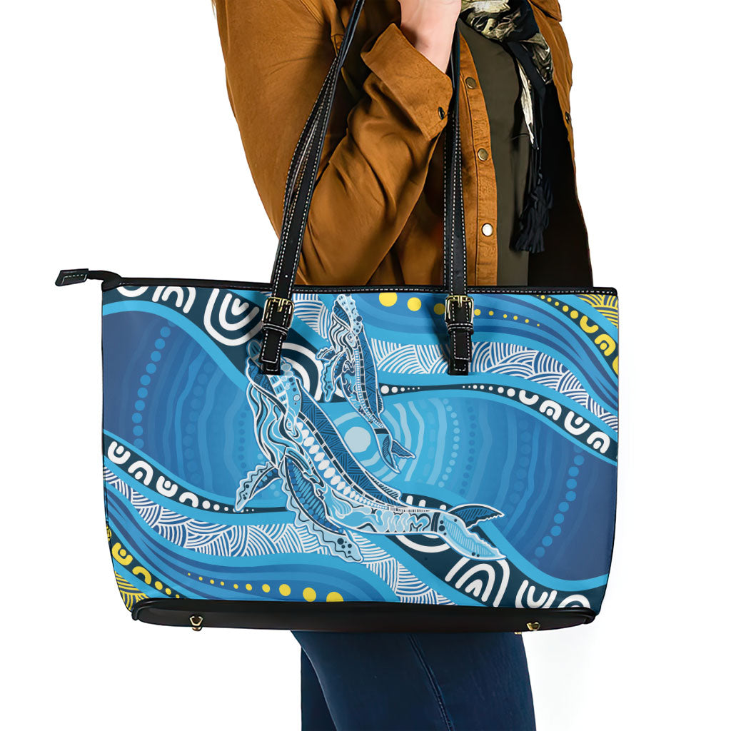 Aboriginal Ocean Whale Leather Tote Bag Dot Art Dreamtime Style