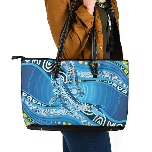 Aboriginal Ocean Whale Leather Tote Bag Dot Art Dreamtime Style
