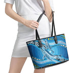 Aboriginal Ocean Whale Leather Tote Bag Dot Art Dreamtime Style