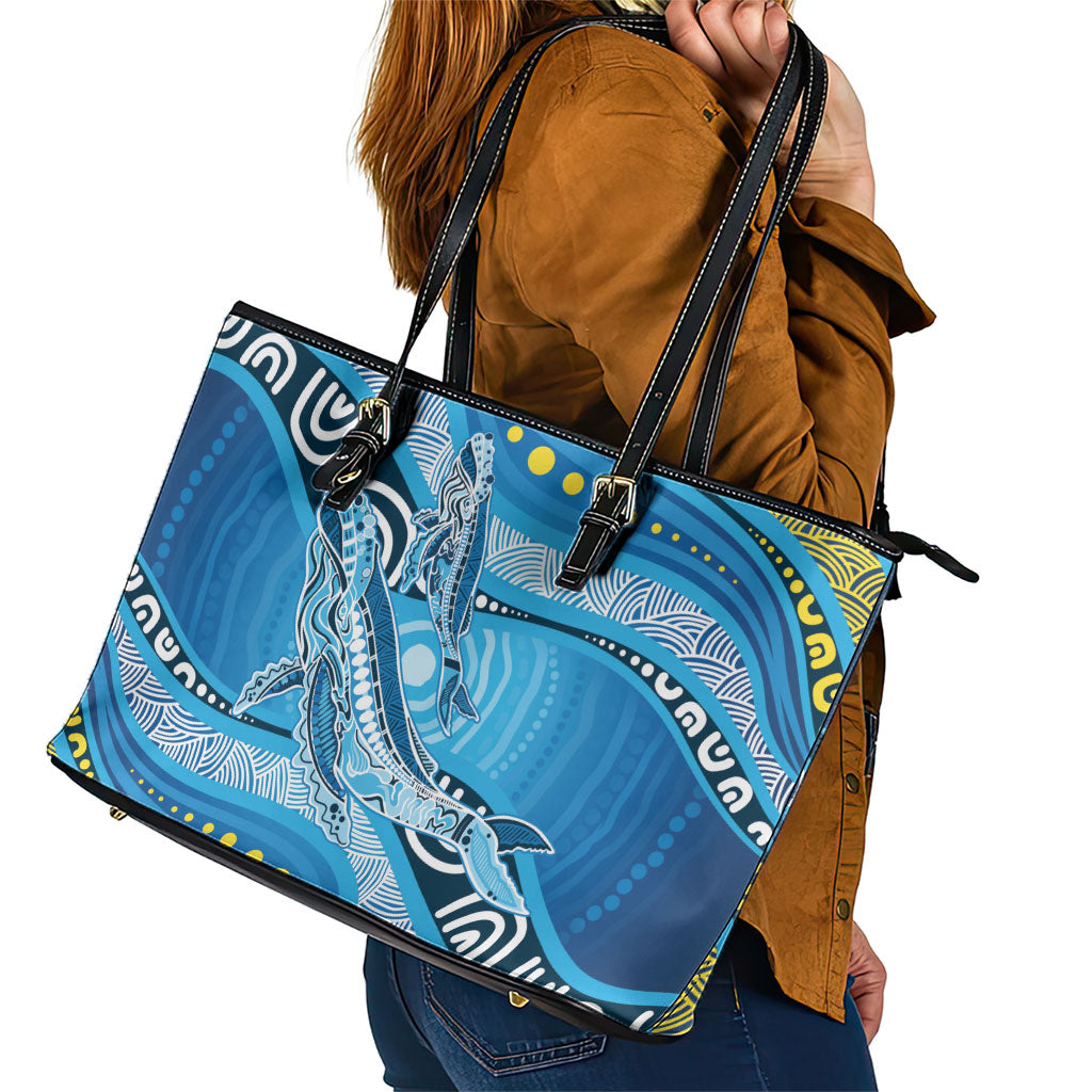 Aboriginal Ocean Whale Leather Tote Bag Dot Art Dreamtime Style