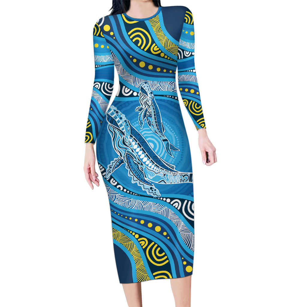 Aboriginal Ocean Whale Long Sleeve Bodycon Dress Dot Art Dreamtime Style