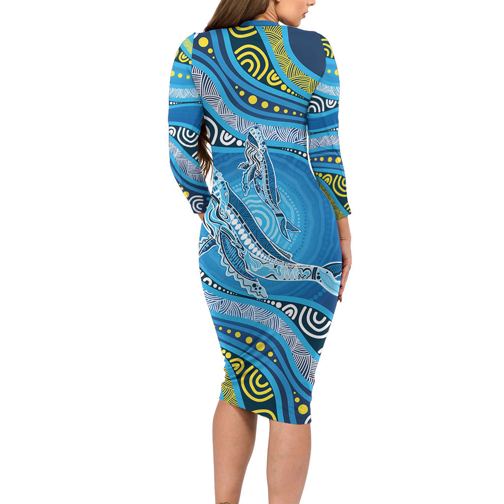 Aboriginal Ocean Whale Long Sleeve Bodycon Dress Dot Art Dreamtime Style