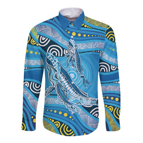 Aboriginal Ocean Whale Long Sleeve Button Shirt Dot Art Dreamtime Style