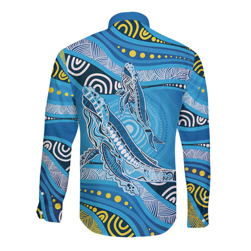 Aboriginal Ocean Whale Long Sleeve Button Shirt Dot Art Dreamtime Style