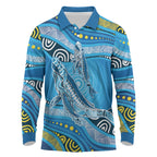 Aboriginal Ocean Whale Long Sleeve Polo Shirt Dot Art Dreamtime Style
