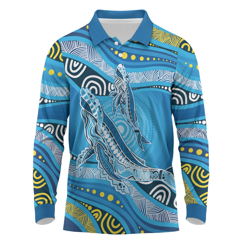 Aboriginal Ocean Whale Long Sleeve Polo Shirt Dot Art Dreamtime Style