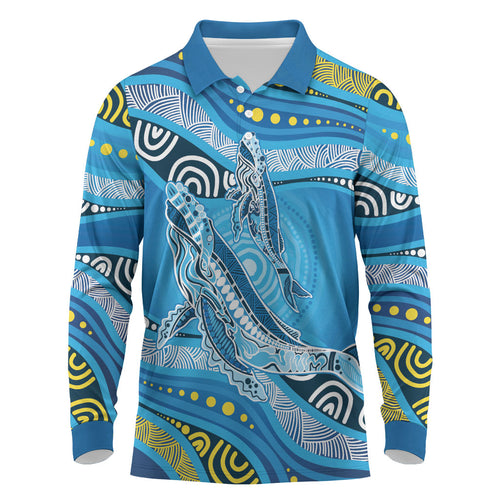 Aboriginal Ocean Whale Long Sleeve Polo Shirt Dot Art Dreamtime Style