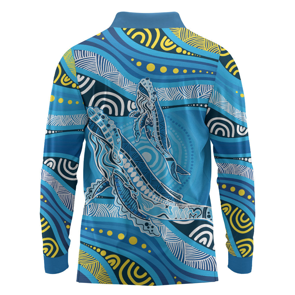 Aboriginal Ocean Whale Long Sleeve Polo Shirt Dot Art Dreamtime Style