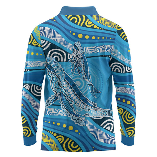 Aboriginal Ocean Whale Long Sleeve Polo Shirt Dot Art Dreamtime Style