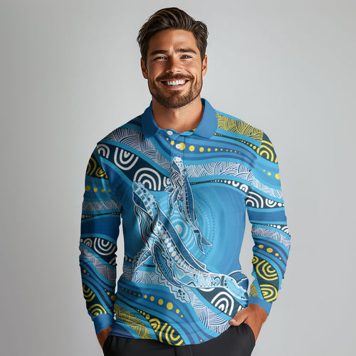 Aboriginal Ocean Whale Long Sleeve Polo Shirt Dot Art Dreamtime Style