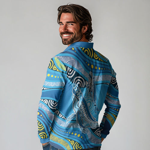 Aboriginal Ocean Whale Long Sleeve Polo Shirt Dot Art Dreamtime Style