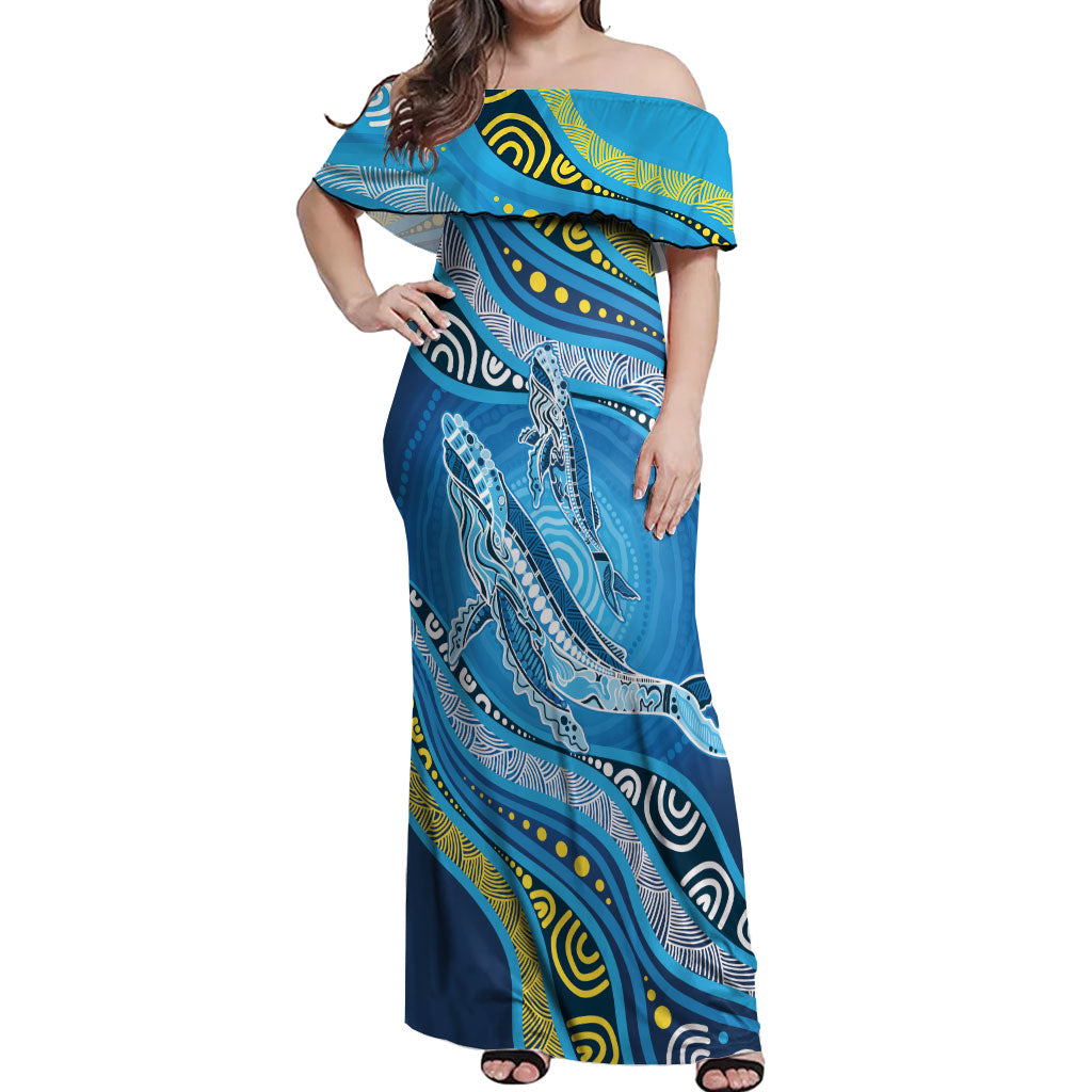 Aboriginal Ocean Whale Off Shoulder Maxi Dress Dot Art Dreamtime Style