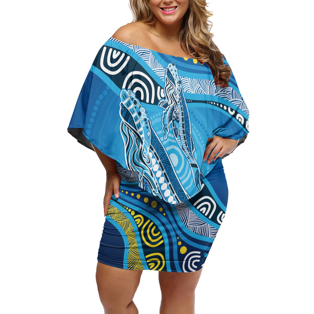 Aboriginal Ocean Whale Off Shoulder Short Dress Dot Art Dreamtime Style
