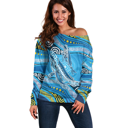 Aboriginal Ocean Whale Off Shoulder Sweater Dot Art Dreamtime Style