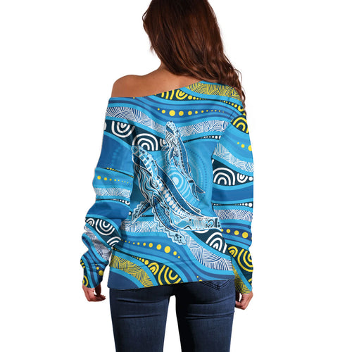 Aboriginal Ocean Whale Off Shoulder Sweater Dot Art Dreamtime Style