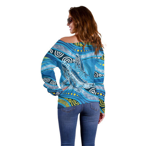 Aboriginal Ocean Whale Off Shoulder Sweater Dot Art Dreamtime Style