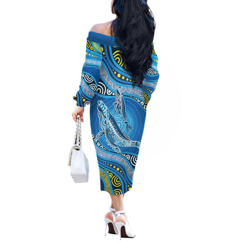 Aboriginal Ocean Whale Off The Shoulder Long Sleeve Dress Dot Art Dreamtime Style
