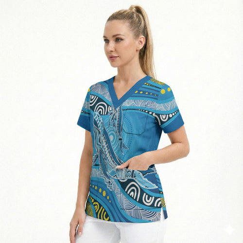 Aboriginal Ocean Whale Scrub Top Dot Art Dreamtime Style